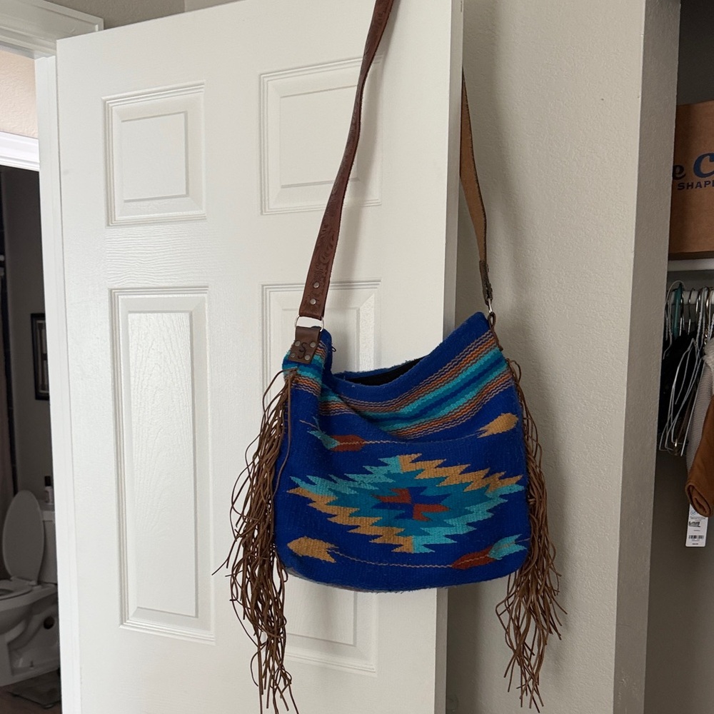 Blue and Brown Fringe Shoulder Bag